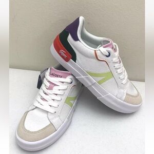 NWT Lacoste White Canvas Multi Leather Lace Up Sneakers Size 6.5